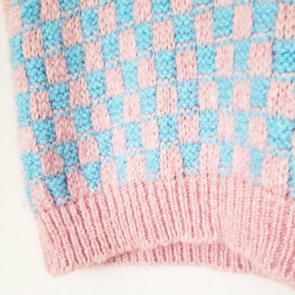 Zara Pink Blue Wool Blend Knit Vest V-neckline Checkerboard S Preppy Classic - Picture 11 of 15